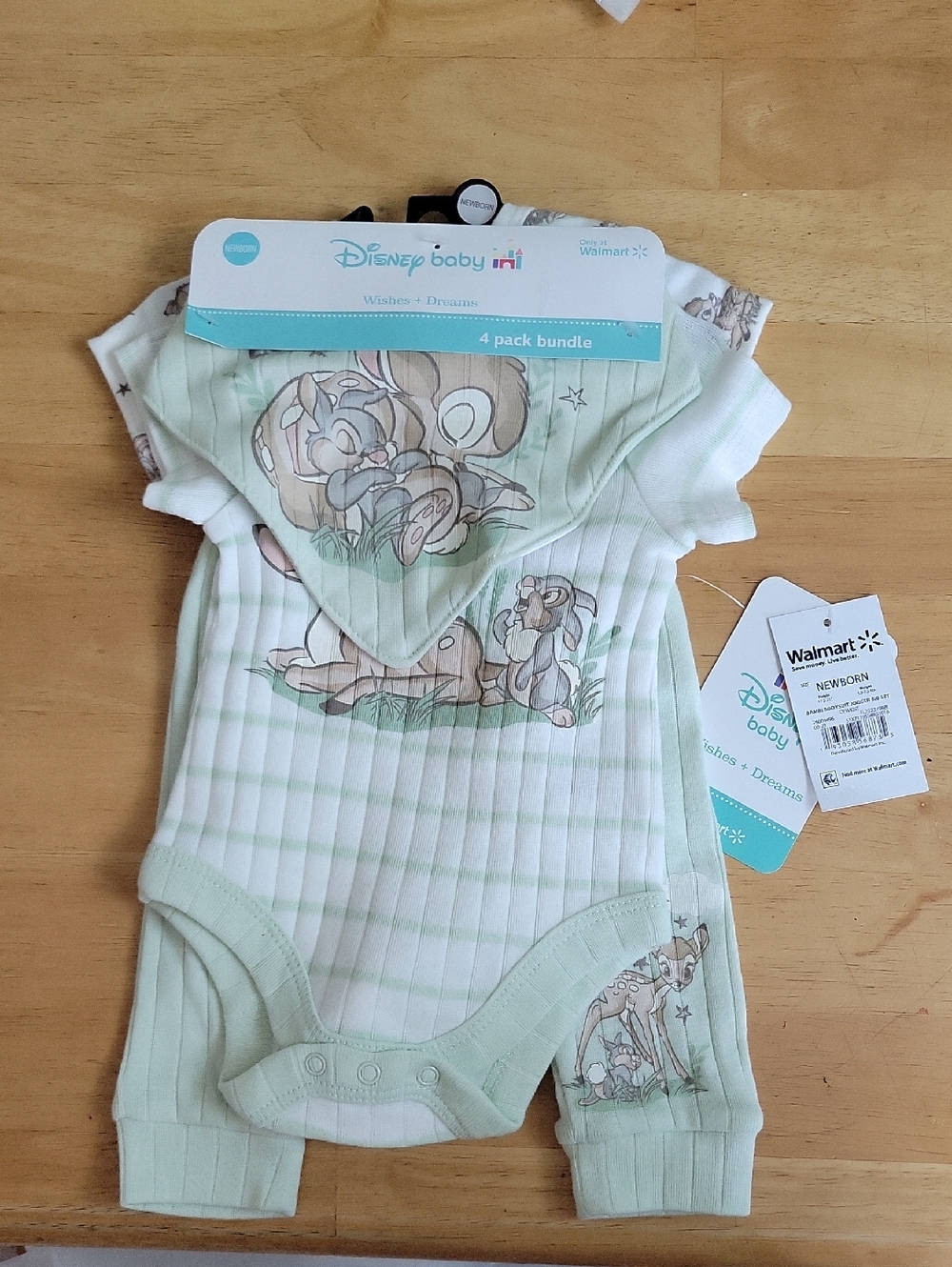 Disney Mint Green Bambi Ribbed One-Piece with Bib - 4 Pack Bundle